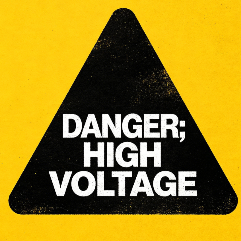 On a yellow background, a black triangular warning sign contains bold white text “DANGER; HIGH VOLTAGE”, used to warn of high voltage danger.