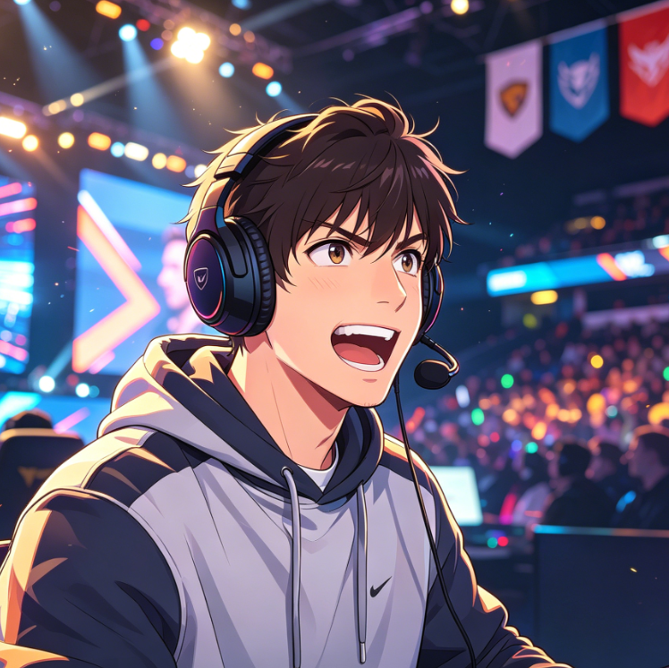 A vibrant anime-style illustration of a young male esports player wearing black over-ear headphones, cheering excitedly with his mouth open. He wears a grey and black hoodie, set against a brightly lit esports arena background featuring large screens, team banners, and a blurred audience.
