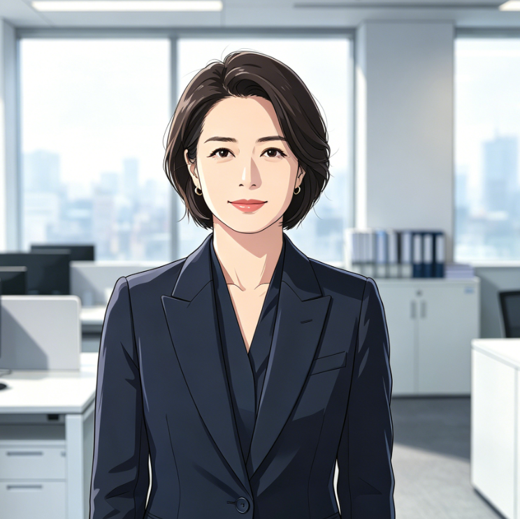 A realistic anime-style illustration of a professional woman with short dark brown curly hair wearing a navy blue blazer. She stands confidently smiling in a bright modern office, with desks, file cabinets, and a city view through floor-to-ceiling windows in the background.