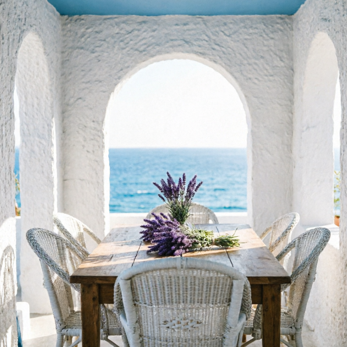 A classic Santorini-style terrace dining area with textured white arched walls surrounding a rustic wooden table adorned with purple lavender. Through the archway, the deep blue sea is visible, complemented by wicker chairs, evoking a romantic seaside holiday vibe.