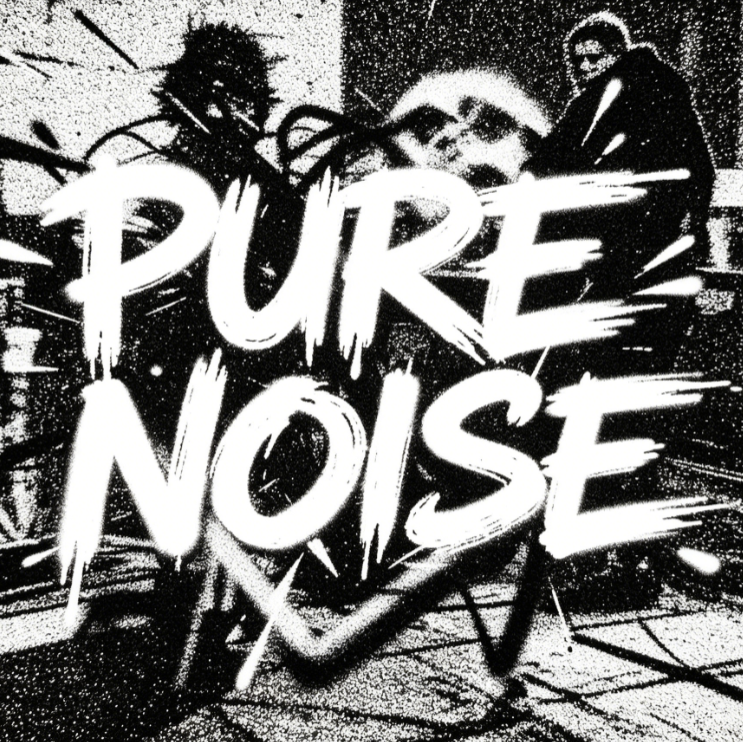 High-contrast black-and-white graffiti-style design with bold white text “PURE NOISE” over blurred human silhouettes, splattered ink dots, and sharp lines, conveying chaotic, raw noise energy.
