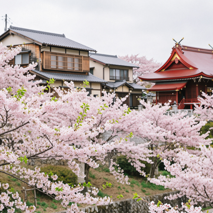 Blooming pink cherry blossoms surround a traditional Japanese house and a red shrine, capturing a serene spring scene in Japan.