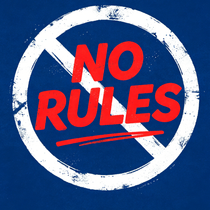 On a dark blue background, a white prohibition circle contains bold red text “NO RULES” with a red underline below, emphasizing the concept of rule-free freedom.