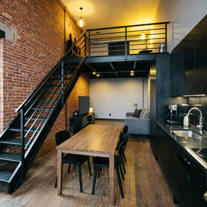 A typical industrial-style Loft apartment interior featuring exposed red brick walls. A black metal staircase on the left leads to a mezzanine level. The ground floor includes a long wooden dining table with black chairs, an open kitchen with dark cabinets on the right, and a grey sofa area in the distance, creating a spacious and distinctive space.