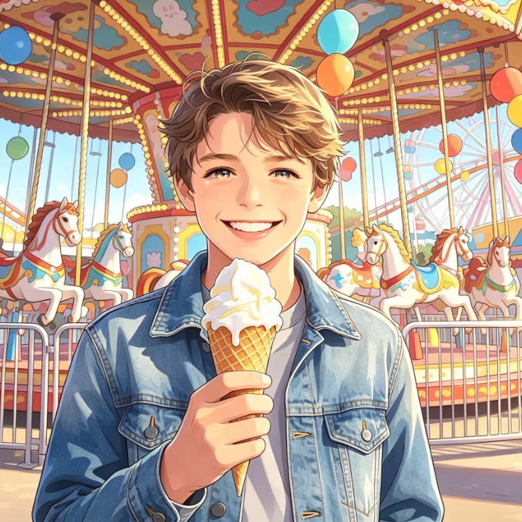 A bright and cheerful illustration style featuring a blonde teenage boy in a denim jacket holding a melting vanilla ice cream cone, smiling broadly. The background shows carousel horses and a Ferris wheel adorned with colorful balloons, capturing the joyful atmosphere of a summer amusement park.