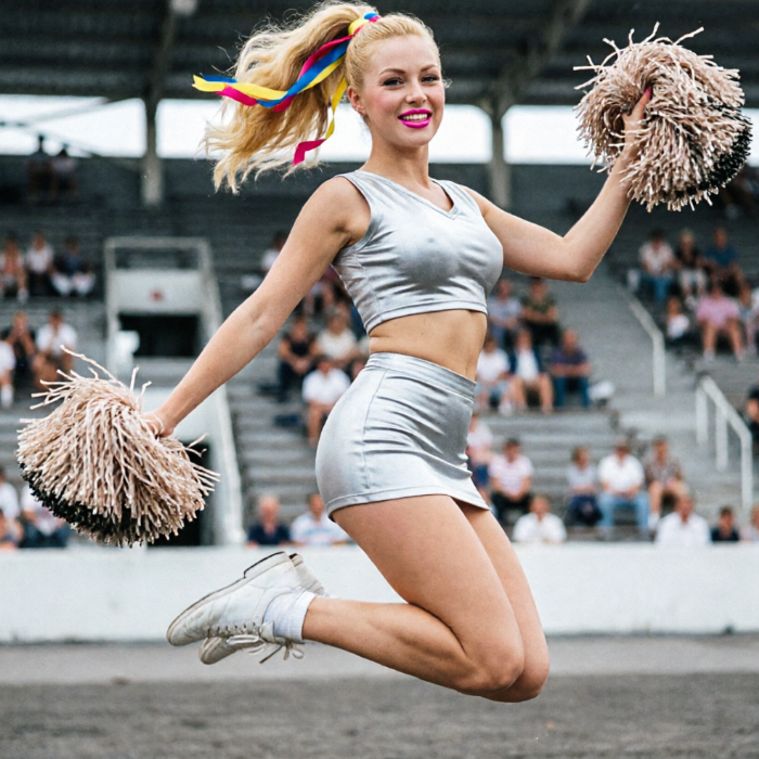 A blonde cheerleader leaps mid-air in a stadium wearing a silver sequined outfit and holding pom-poms, her ponytail tied with rainbow ribbons, radiating youthful energy against a blurred crowd backdrop.
