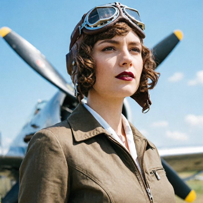 A woman in a khaki flight jacket and leather aviator cap with goggles stands before a propeller plane, gazing determinedly into the distance under a clear blue sky, evoking the spirit of WWII-era female pilots.