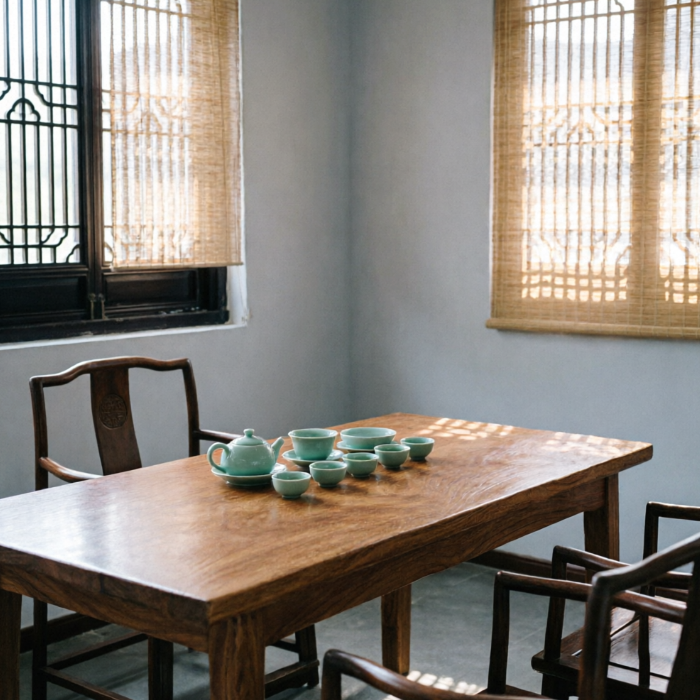 A tranquil Chinese tea room featuring a dark wood long table with official’s hat chairs, set with a celadon tea set. Behind are gray walls and bamboo blinds; sunlight filters through lattice windows, casting dappled shadows — embodying traditional Eastern Zen and scholarly elegance.
