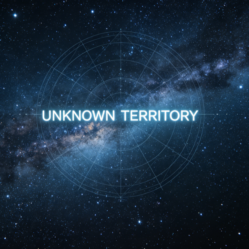 Sci-fi cosmic theme with deep blue starry sky background, glowing white text “UNKNOWN TERRITORY” centered, surrounded by geometric radar grids, symbolizing mystery and tech-driven exploration of uncharted territory.