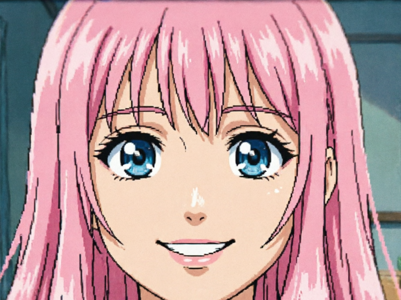Original anime girl close-up with slightly blurred hair edges and soft eye highlights.