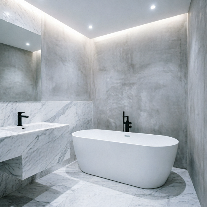 A modern bathroom with gray marble-textured walls and floors, featuring a white oval freestanding bathtub with matte black fixtures. To the left is a floating marble vanity with integrated lighting above, creating a serene and luxurious spa ambiance.