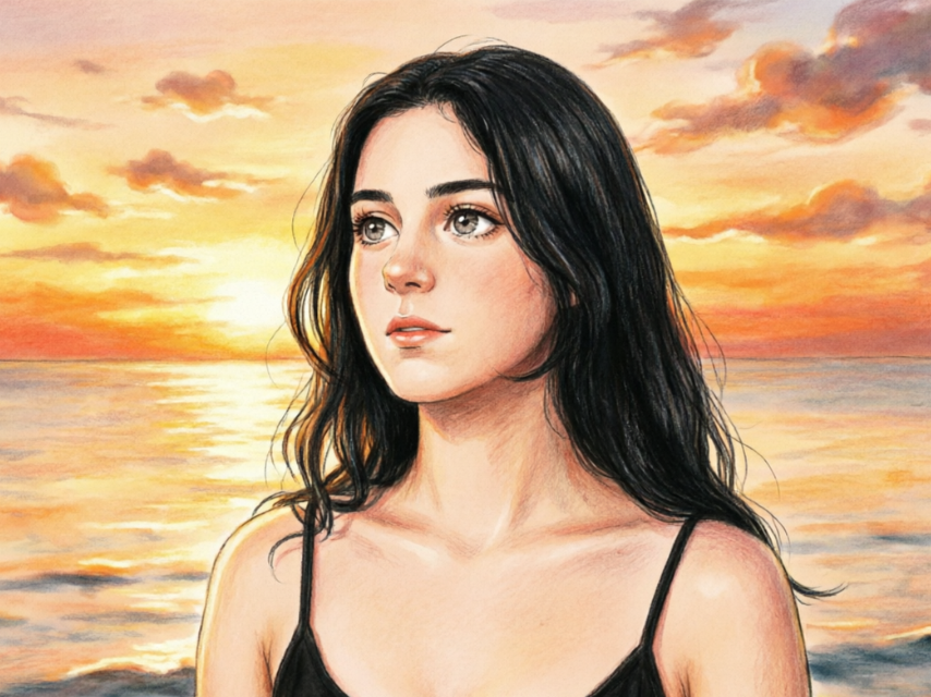 A beautiful digital oil painting based on the previous photo. The woman's skin has a porcelain-like texture, her hair is glossy, and the waves and clouds in the background are rendered with thick brushstrokes, creating a more dreamy and saturated color palette than the original.