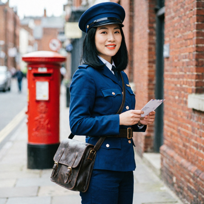 An Asian female postal worker in a navy uniform and peaked cap holds letters on a brick-lined street beside a classic red postbox, smiling warmly to convey British charm and professionalism.