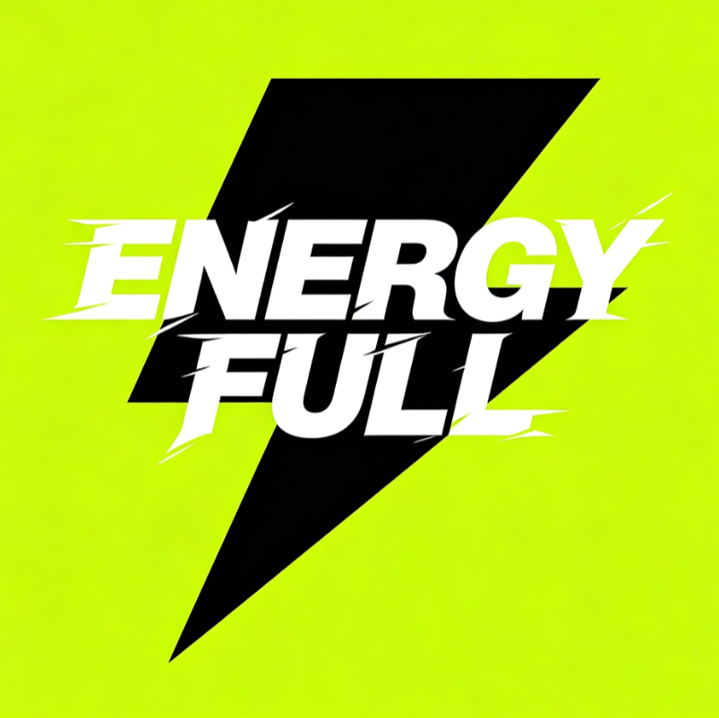 On a bright green background, a black lightning bolt is centered with bold white text “ENERGY FULL” across it, featuring speed lines on the font edges, conveying energy and dynamism.