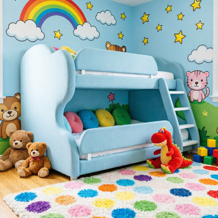 A playful children’s bedroom in light blue tones, decorated with rainbow, cloud, star, and animal wall decals. At the center is a whimsical bunk bed surrounded by teddy bears, dinosaur plushies, and colorful blocks, atop a polka-dot rug — lively and cozy.