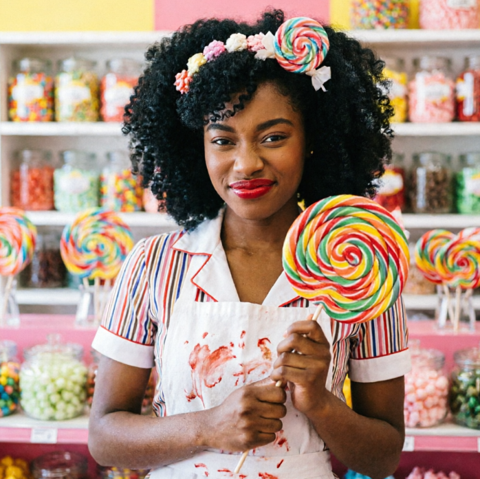 A curly-haired African American woman stands in a colorful candy shop wearing a striped shirt and apron, holding a giant rainbow lollipop with frosting smudges on her face, exuding playful charm amid shelves of sweets.
