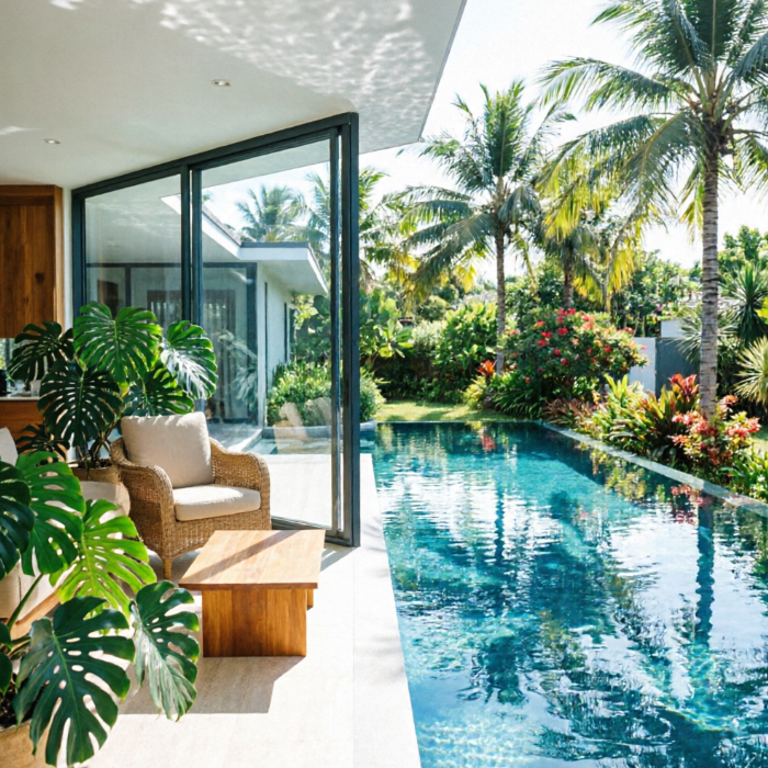 An outdoor area of a modern tropical villa with glass sliding doors opening to a clear infinity pool surrounded by palm trees and monstera plants. In front sits a rattan lounge chair and wooden side table under bright sun — lush greenery and relaxed resort living.