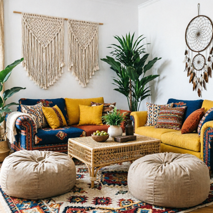 A colorful and free-spirited Bohemian-style living room featuring two large beige macrame wall hangings and a dreamcatcher. The seating includes deep blue and mustard yellow velvet sofas piled with ethnic print cushions. A patterned rug covers the floor, centered with a rattan coffee table and two beige round poufs, accented by large green plants in the corner.