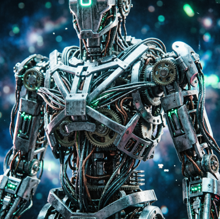 A close-up of a highly complex humanoid robot. Its torso is constructed from intricate metal gears, pistons, and tubing, blending steampunk and cyberpunk styles. Glowing green lights emanate from its chest and joints, set against a deep blue cosmic background, radiating futuristic technology.