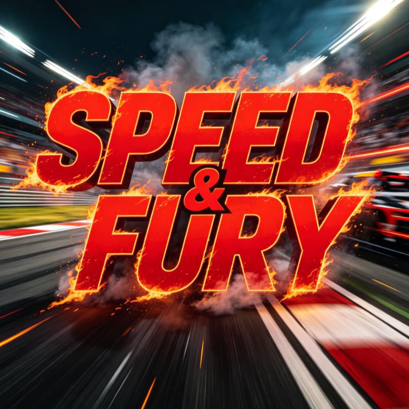 A high-energy racing-themed design with bold red flame-wrapped text “SPEED & FURY”, set against a blurred racetrack and speeding cars, conveying intense speed and passion.