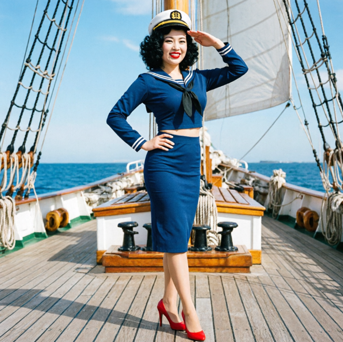 A woman in a navy blue sailor outfit and white captain's hat standing on the wooden deck of a sailing ship. She is saluting and smiling, wearing red high heels, with the blue sea and white sails in the background under bright sunlight.