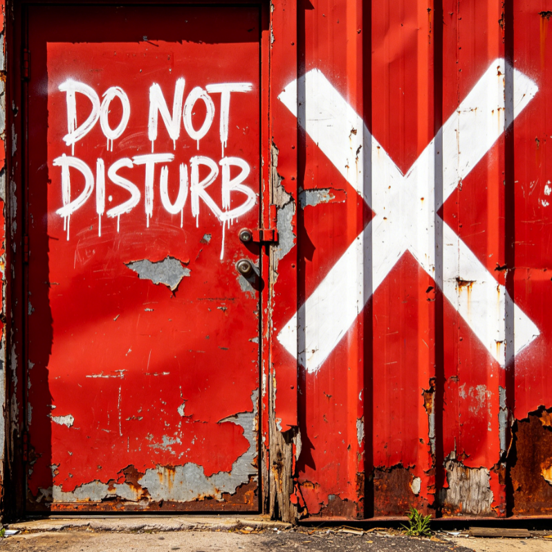 On a red metal door, white spray-painted text reads “DO NOT DISTURB”, accompanied by a large white “X” mark, presenting an industrial style with a warning tone.