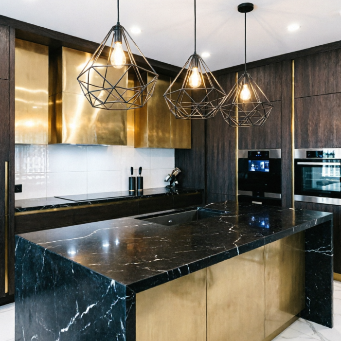 A high-end modern kitchen design centered around a massive black marble island accented with brass panels. Three geometric wire-frame pendant lights hang above, casting a warm glow. The background features dark wood cabinetry paired with gold backsplashes and built-in appliances, blending luxury with industrial elements.