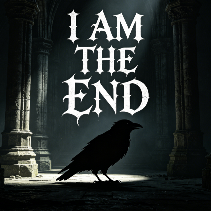A dark gothic illustration featuring a black crow silhouette standing in the center of an ancient stone column hall, with white spiky text “I AM THE END” above. Light beams from the top create an apocalyptic and mysterious atmosphere.