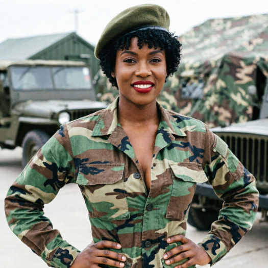 A front-facing portrait of a confident African American female soldier in camouflage fatigues and a green beret, standing with hands on hips and smiling at the camera. The blurred background shows military jeeps and tents.
