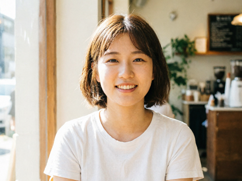 A realistic portrait photograph of an Asian woman with a dark brown bob haircut and a white crew-neck t-shirt, smiling at the camera indoors. The background is a blurred cafe setting with natural light coming from a window on the left.