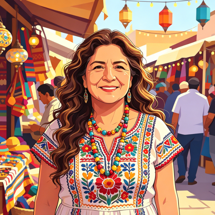 A richly colored illustration of a woman with long brown wavy hair wearing a white ethnic blouse with vibrant floral embroidery and a colorful beaded necklace, smiling brightly. The background depicts a bustling outdoor market filled with hanging colorful lanterns and textiles, evoking an exotic atmosphere.