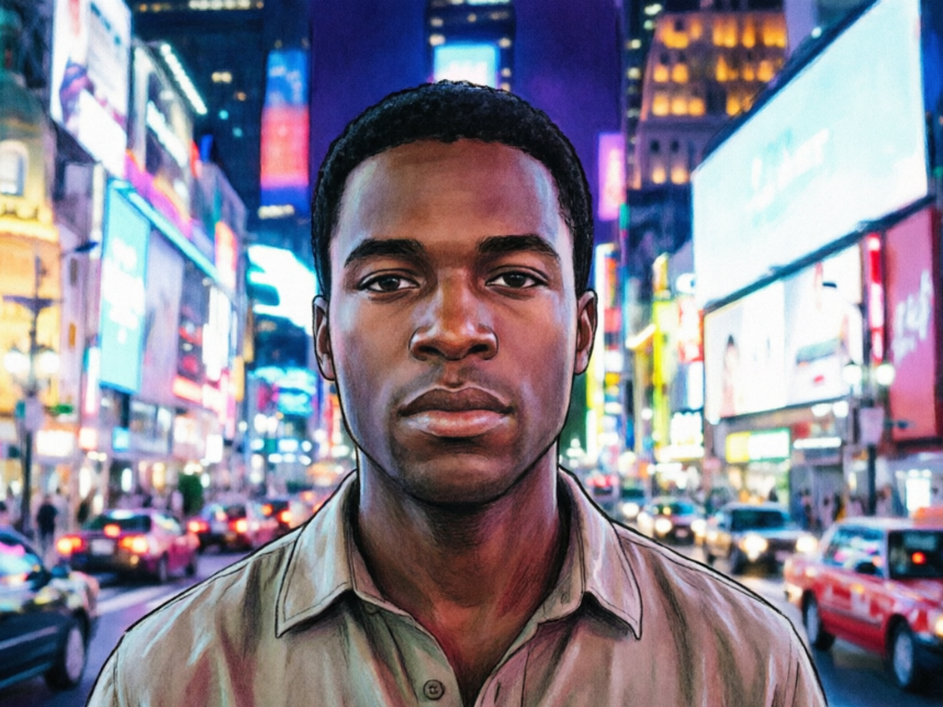 A night-time urban environmental portrait of a Black man in a khaki shirt looking directly at the camera. The background is a brightly lit busy street with blurred billboards, taxis, and pedestrians, using shallow depth of field to highlight the subject.