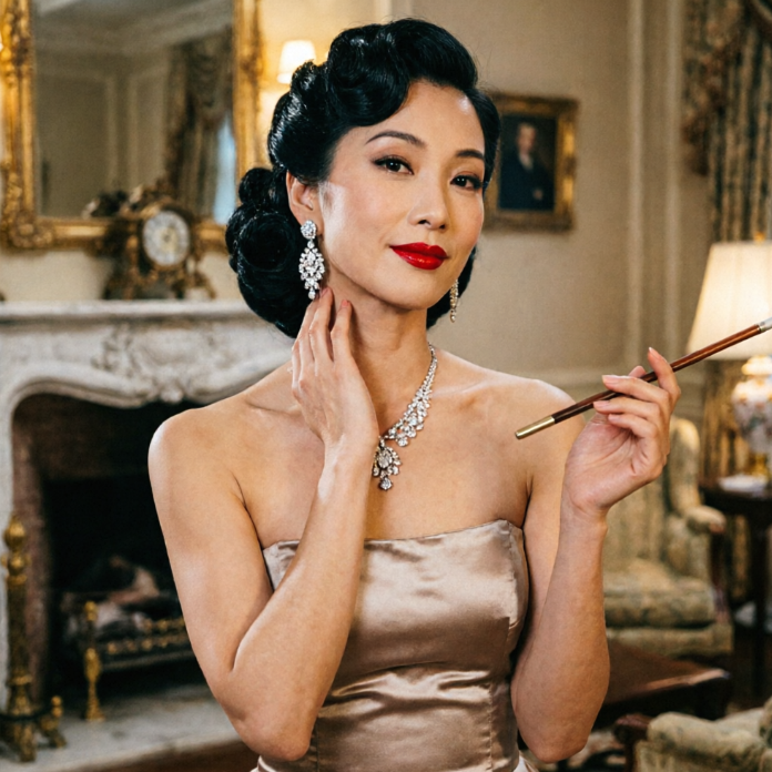 An elegant Asian woman in a champagne satin strapless gown, adorned with diamond jewelry and holding a long cigarette holder. She has a sophisticated updo hairstyle, set against a luxurious European-style living room with gold frames and a fireplace.