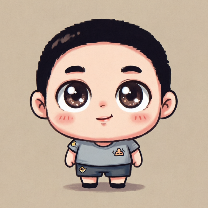 A full-body chibi cartoon illustration of a little boy. He has short black hair, large brown eyes, and rosy cheeks, wearing a grey t-shirt and dark shorts, standing with a gentle smile in a simple, cute art style.
