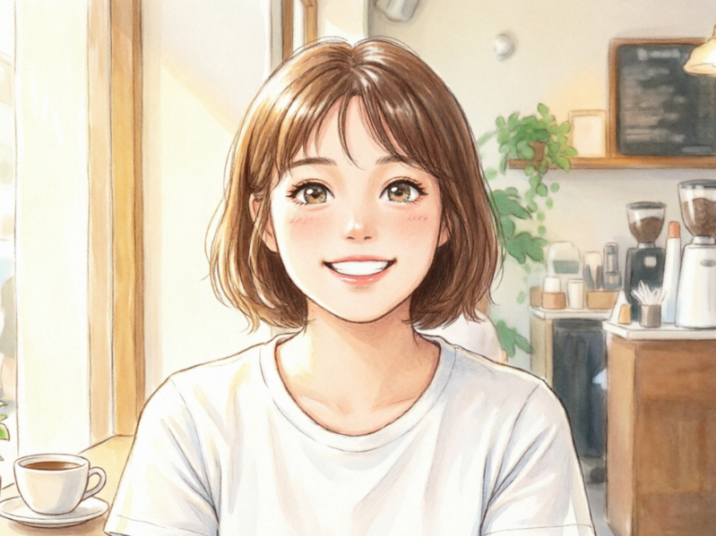 A Japanese anime-style digital illustration of a young woman with short brown hair and a white t-shirt smiling in a cafe. The background features a coffee cup, grinder, and plants, with soft warm lighting and bright, fresh colors.
