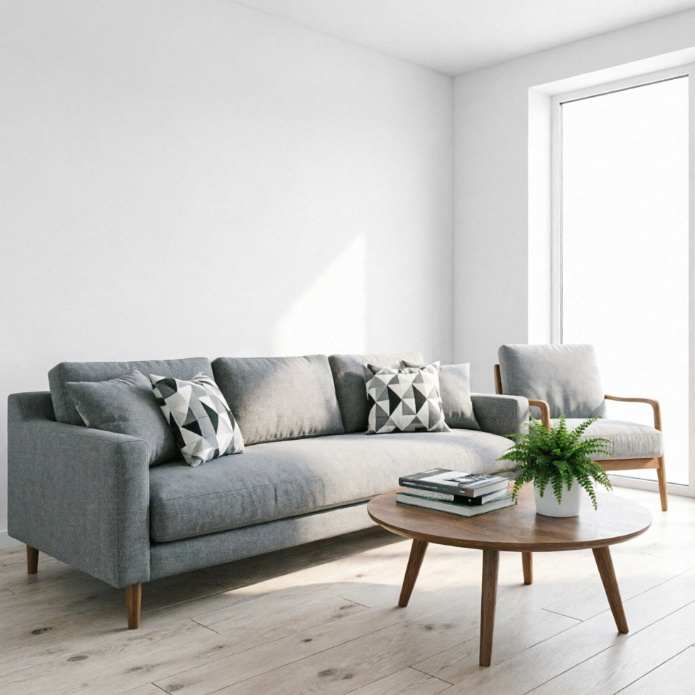 A bright and airy Scandinavian-style living room featuring a grey fabric sofa with geometric black-and-white cushions. In front is a round wooden coffee table with books and a potted plant. A light wood armchair sits to the right, creating a simple and cozy atmosphere with a palette of white, grey, and wood tones.