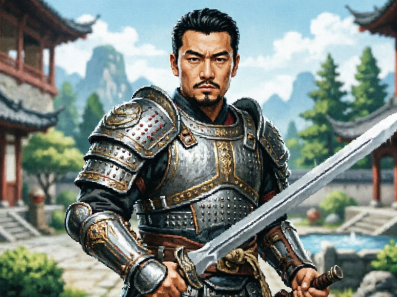 Original ancient Chinese warrior with muted armor textures and blurry background architecture.