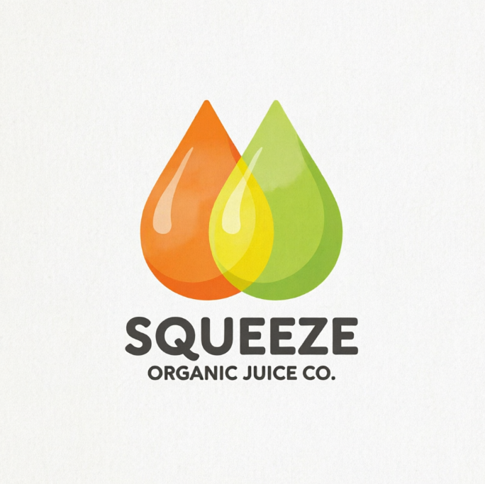 A fresh and playful 1:1 beverage logo centered on a stark white canvas. The design consists of two overlapping translucent droplet shapes, one in citrus orange and the other in vibrant lime green, blending into a refreshing lemon yellow where they cross. Below the citrus droplet graphic, the friendly charcoal-gray typography reads "SQUEEZE" with the subtitle "ORGANIC JUICE CO." aligned underneath.