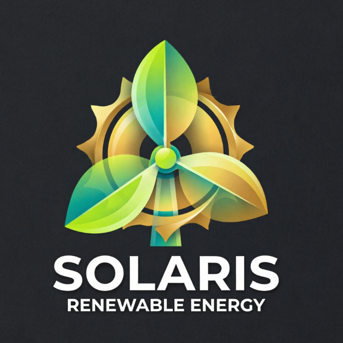 A modern 1:1 clean-energy logo on a deep charcoal-colored background. The design features three overlapping curved teardrop-like wings forming a stylized wind turbine and sun pattern, in translucent gradients of vivid lime green and warm golden-yellow. Below the geometric turbine, the white sans-serif text reads "SOLARIS" in all-caps, with "RENEWABLE ENERGY" written in a smaller font directly underneath.