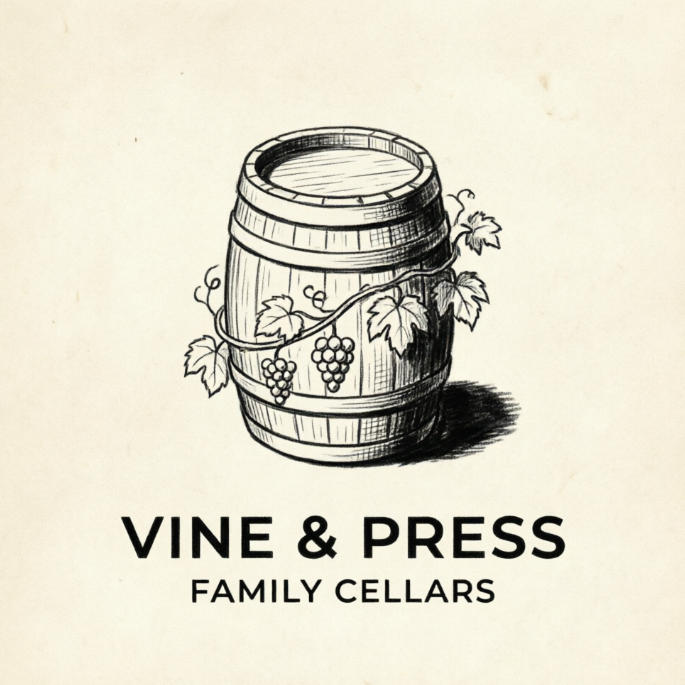 A highly detailed, vintage-inspired 1:1 logo on a textured ivory cardstock. The icon is an isometric line-art wine press barrel with grapevines wrapping elegantly around a minimalist trellis, using solid black tones inside the barrel's shadows. Below this illustration, crisp black sans-serif typography reads "VINE & PRESS" with the subtitle "FAMILY CELLARS" underneath.