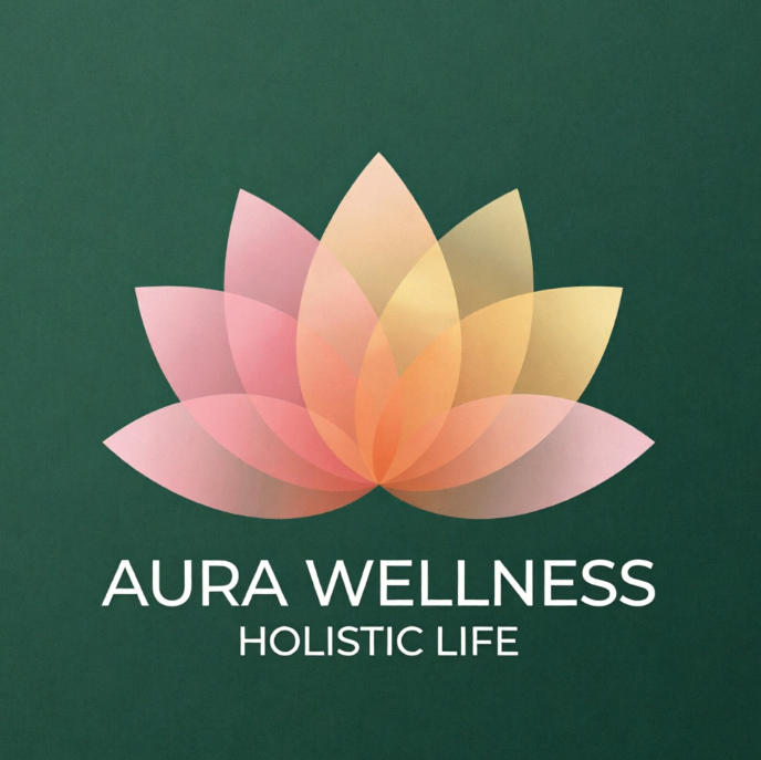 A beautiful, serene 1:1 logo on a solid matte dark emerald background. The central icon is an abstract geometric lotus flower made of overlapping translucent petal shapes in gradients of soft blush pink and warm sun gold, producing a beautiful peach hue in the overlapping zones. Below the lotus, elegant and airy white sans-serif lettering reads "AURA WELLNESS" with "HOLISTIC LIFE" written below.