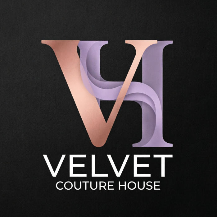 A sophisticated and elegant 1:1 fashion monogram logo on a matte black textured backdrop. The design presents an abstract interlocking monogram of the letter 'V' and 'H', made of semi-transparent layers in gradients of warm rose gold and soft lilac. Directly below this monogram, crisp white geometric typography reads "VELVET" in all-caps, with the subtitle "COUTURE HOUSE" neatly aligned below.