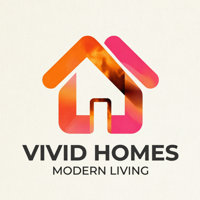 A striking 1:1 vector logo design on a stark, matte off-white background. The emblem features two interlocking, translucent geometric rectangles with rounded corners, forming the abstract shape of a modern house. The rectangles transition in gradients of vibrant orange and hot pink, creating a fiery amber hue at the intersection. Below the emblem, the typography displays "VIVID HOMES" in a bold charcoal-gray font, with the secondary text "MODERN LIVING" below.