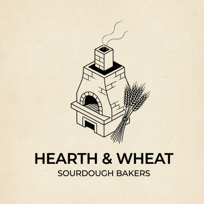 A clean 1:1 graphic design of a logo centered on a light-cream cardstock background. The emblem features an isometric, minimalist line-art stone oven with a small wisp of smoke curling from its chimney and a neat bundle of wheat leaning against its side, using solid black highlights on the roof. Below the icon, elegant and crisp black sans-serif lettering reads "HEARTH & WHEAT" followed by the subtitle "SOURDOUGH BAKERS".
