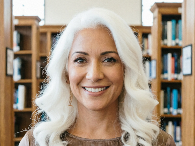 Portrait of the same woman with pure white hair after an effect was applied, with library bookshelves in the background.