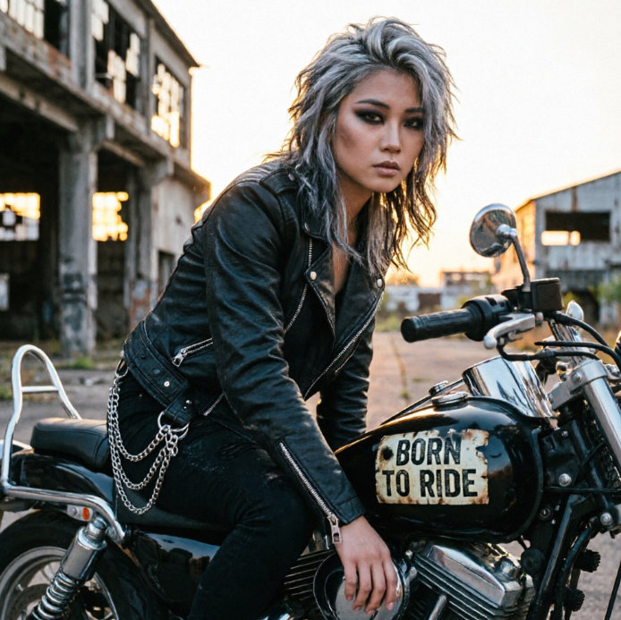 A woman with messy grey hair riding a black vintage motorcycle, wearing a black leather jacket and chain-decorated pants, with a sharp gaze. A rusty metal plate on the motorcycle's fuel tank is printed with the black stencil font "BORN TO RIDE", set against a backdrop of abandoned industrial buildings, presenting a hardcore wasteland rock style.