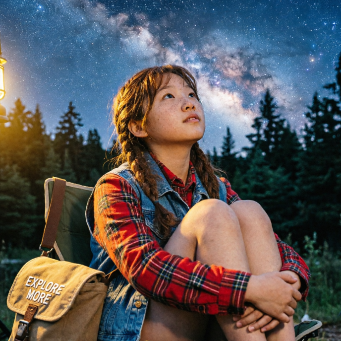 A girl with double braids sitting on an outdoor folding chair looking up at the brilliant Milky Way night sky. She wears a red plaid shirt with a denim vest, next to a canvas backpack printed with "EXPLORE MORE". The background features deep forest silhouettes and stars, evoking a sense of exploring nature.