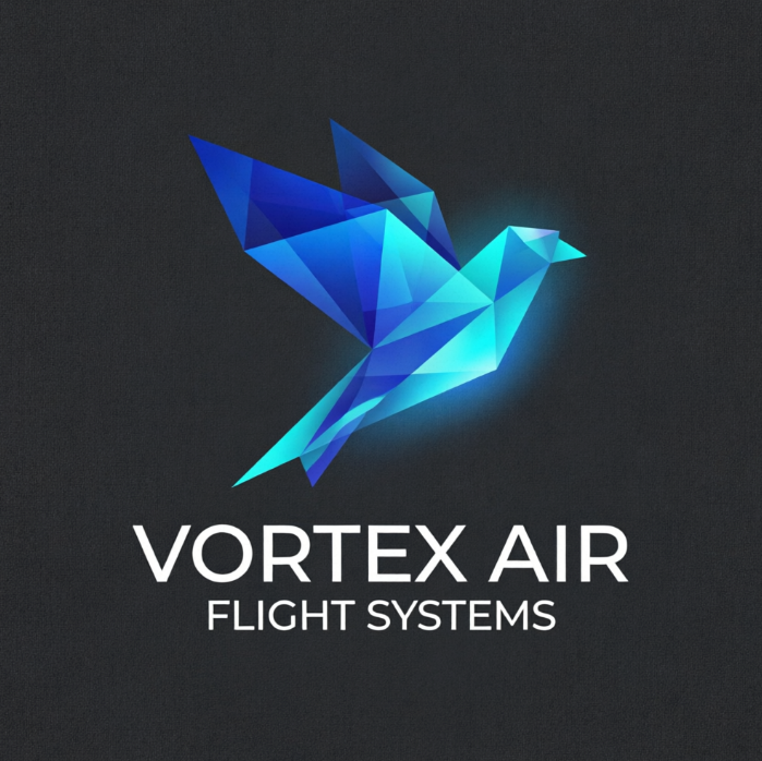 A sleek 1:1 logo layout on a dark charcoal gray canvas. The design features an abstract, geometric origami-style bird in mid-flight, made of layered translucent polygons in gradients of deep cobalt blue and glowing cyan. Beneath the stylized vector bird, modern and clean white sans-serif typography reads "VORTEX AIR" with the subtitle "FLIGHT SYSTEMS" aligned below.