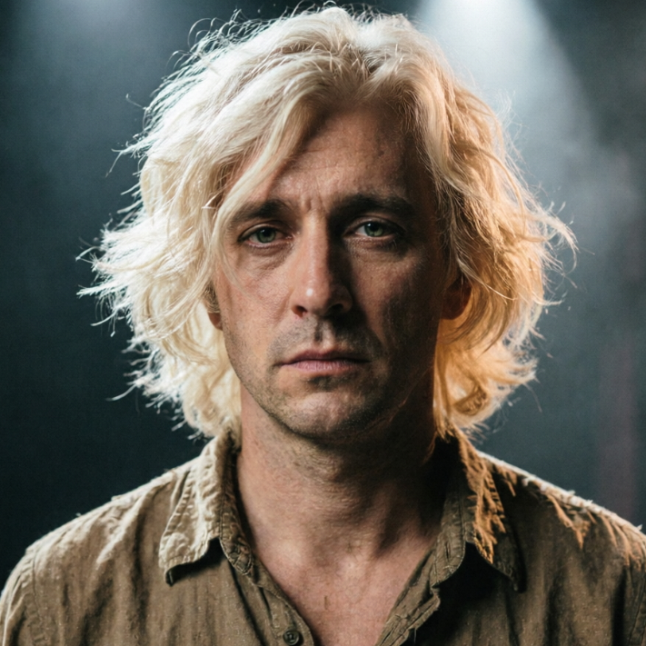A man with messy medium-length blonde hair gazing at the camera against a dark background, wearing a khaki shirt, with deep eyes and dramatic lighting.