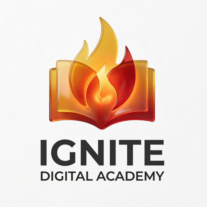 A bright 1:1 education logo centered on a clean white background. The graphic is composed of overlapping minimalist flame and open-book shapes in a translucent gradient of bright amber yellow and fiery red, creating a glowing orange overlap. Below the warm emblem, modern sans-serif typography in charcoal reads "IGNITE" with "DIGITAL ACADEMY" perfectly centered below.